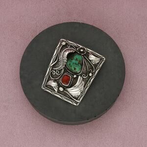 navajo sterling silver vintage turquoise & coral feather bolo tie clip